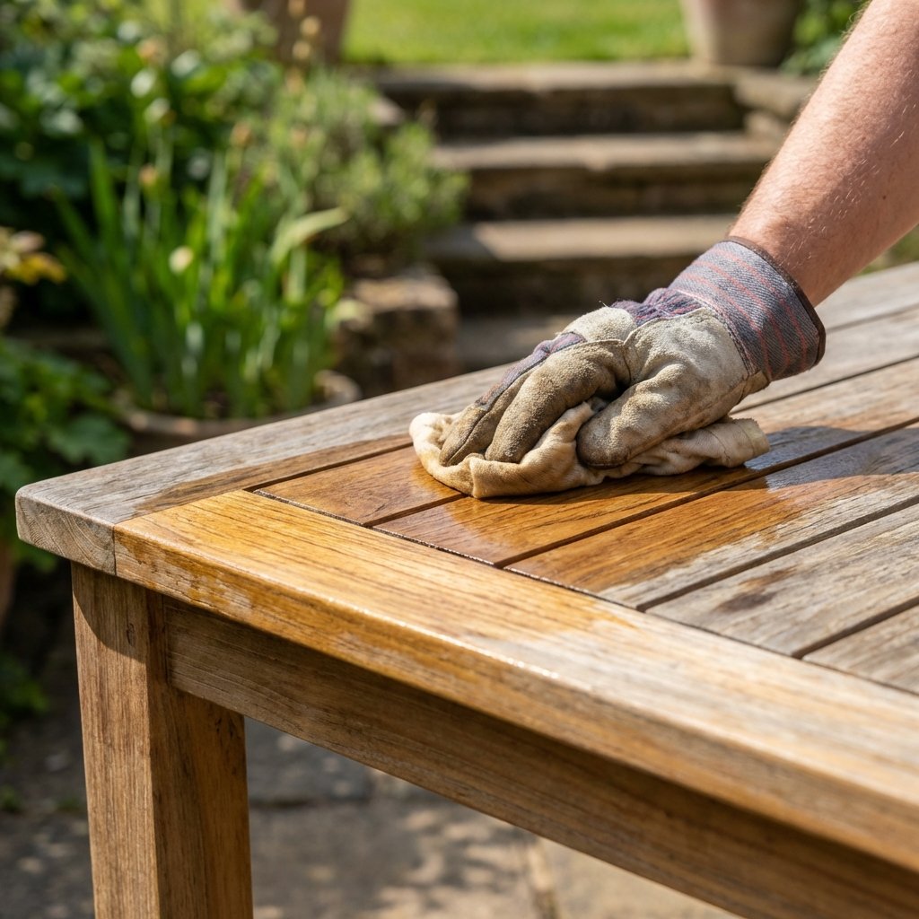 Teak bahçe masasına koruyucu yağ uygulaması