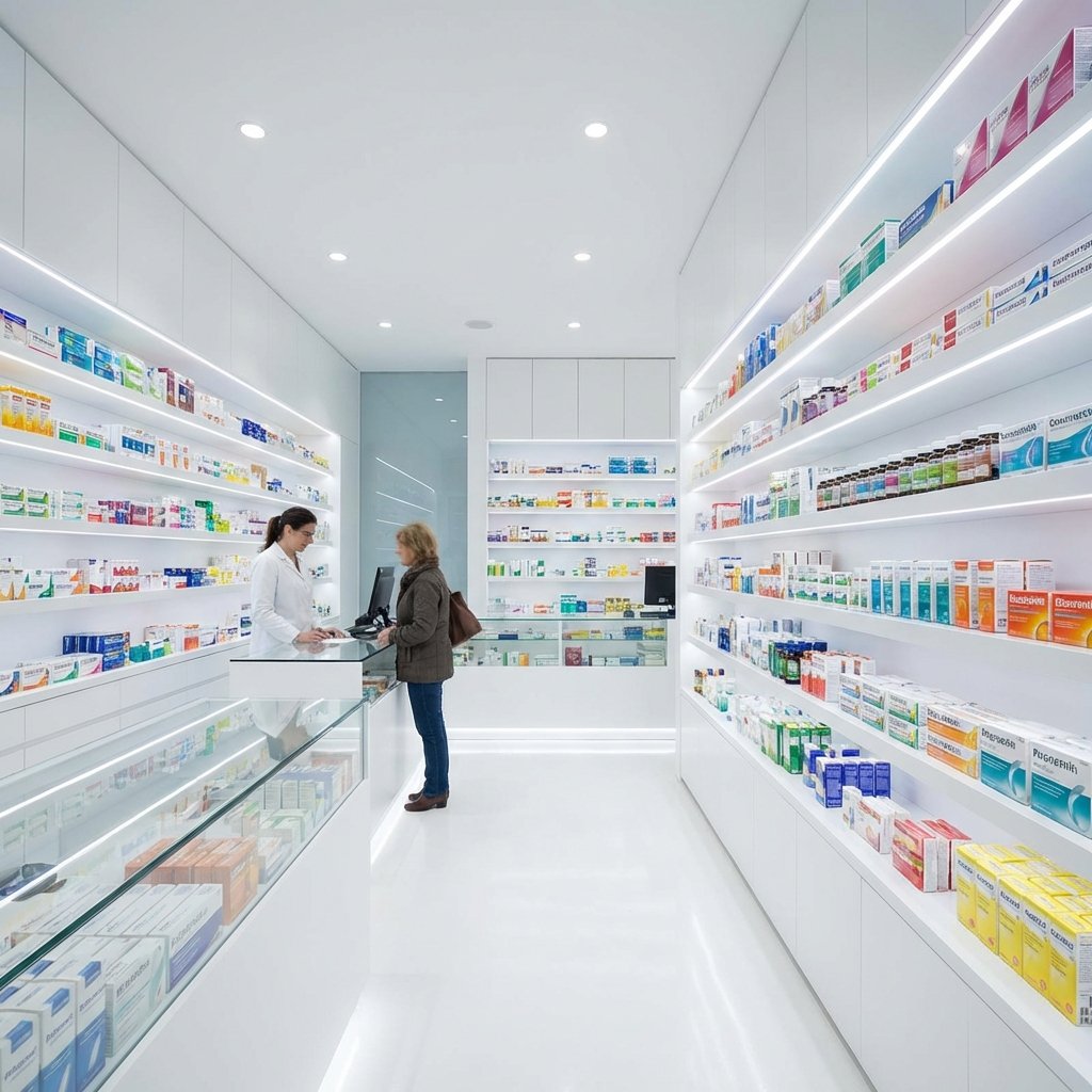 Eczane raf aydınlatması ve modern iç tasarım