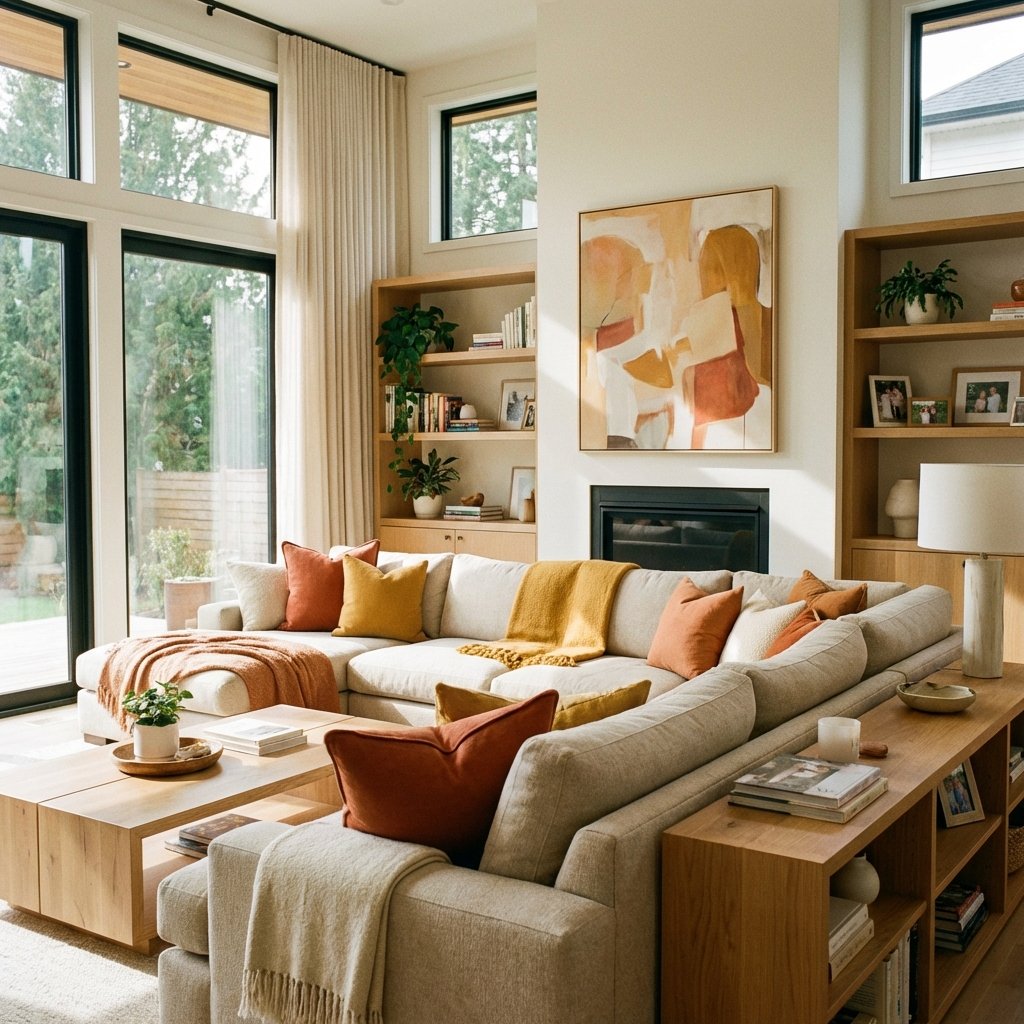 Sıcak tonlarda modern salon dekorasyonu