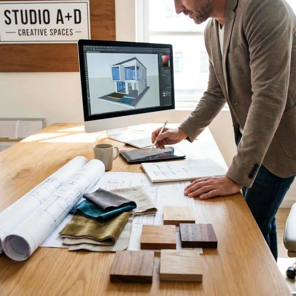 İç mimar çalışma masası ve proje çizimleri